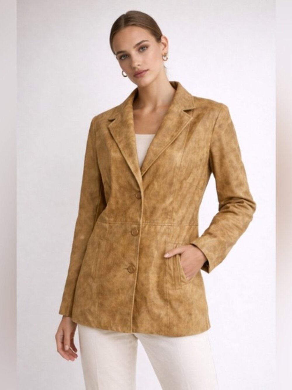 Fairweather Distressed Tan Faux Leather Blazer Jacket L/G